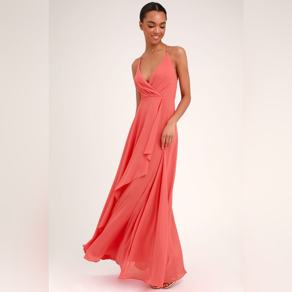 LULU’S | Forever Coral chiffon maxi dress/gown wedding/prom/military/gala